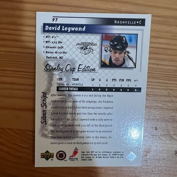 1999-00 Upper Deck MVP SC Edition SILVER SCRIPT #97 David Legwand - Picture 2 of 2